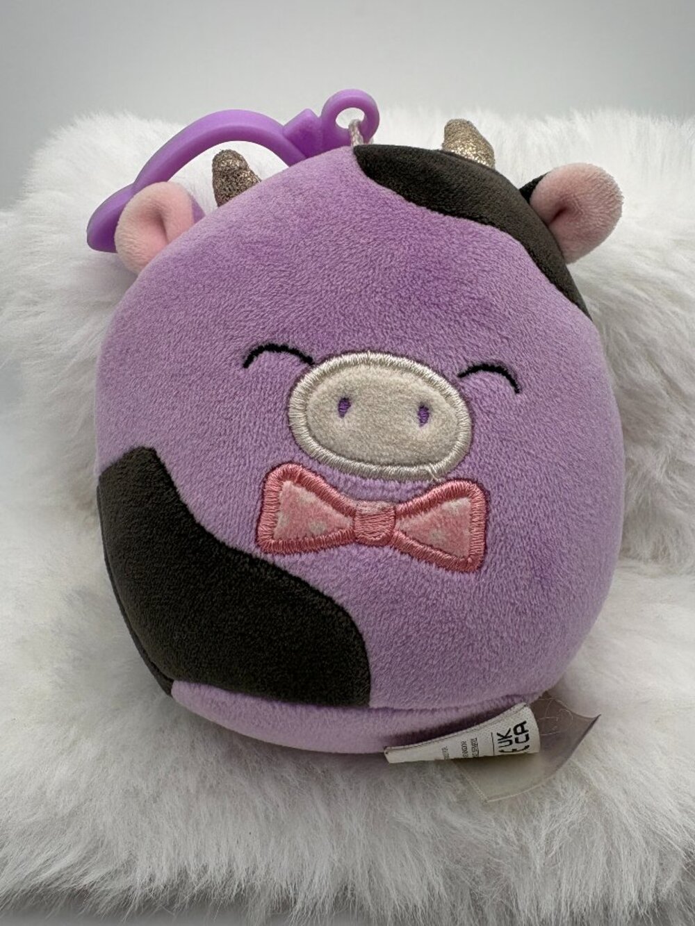 Alexie the Cow Squishmallows 3.5" Clip Purple Black Bowtie Stuffie (SKU: 764TO)